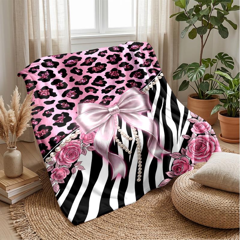 Pink Roses and Bows on Stripes Theme blanket Lightweight Warm Flannel Blanket Decorative Throw Blanket for Home Decoration