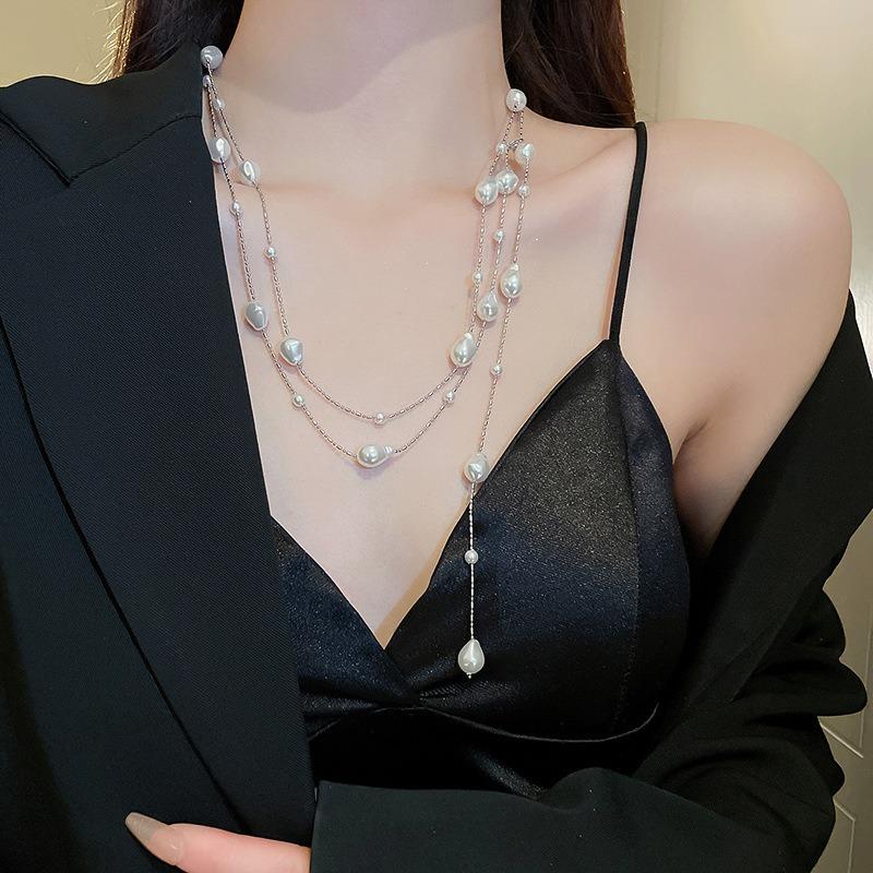 French Geometric Round Pearl Beaded Necklace Fashion Simple Court Style Necklace Light Luxury Premium Sweater Chain Women