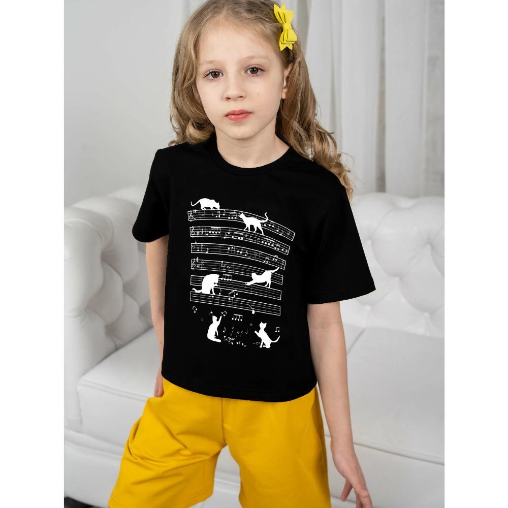 

Детские футболки Детский топ Музыкальные ноты Кошки Одежда для детей 2024 Одежда для девочек Одежда для девочек Детская футболка Детская подростковая 5-6Y