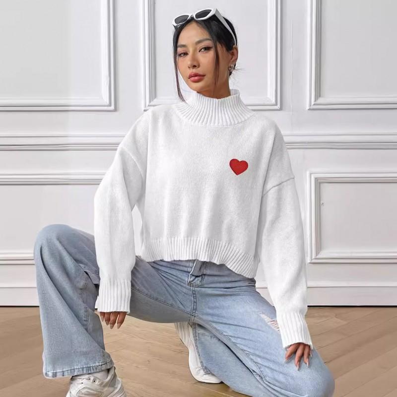 Womens Short Cropped High Neck Sweater Loose Fit Heart Print Casual Pullover Knit Top