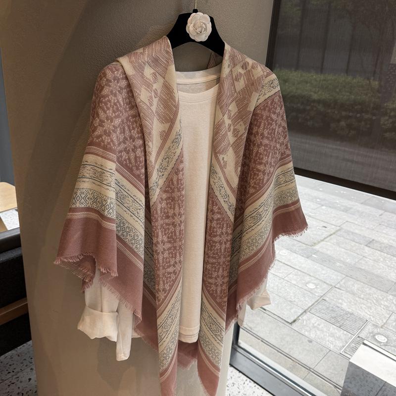 Ethnic Style Retro 130 Large Square Scarf Female Travel Photo Scarf Thin High-End Air-Conditioned Room With Pink Shawl