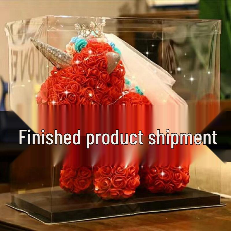 Qixi Unicorn Rose Preserved Flower & Teddy Bear Gift Set for Girlfriend or Kids