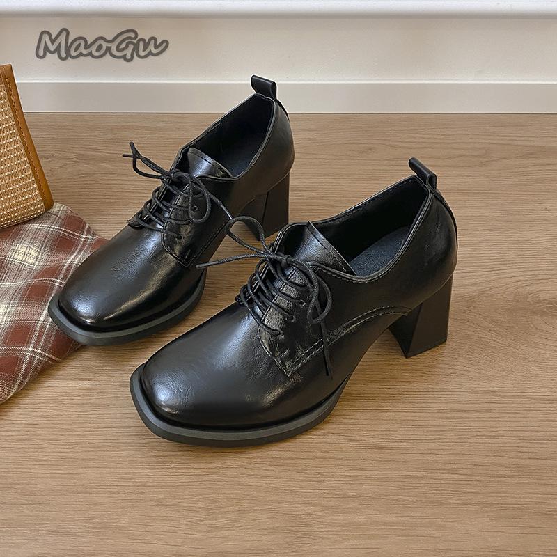 Fashion Soft Leather Retro Lace Up Single Shoes for Women 2025 Spring Autumn Square Toe Pumps French Thick High Heels for Women Footwear