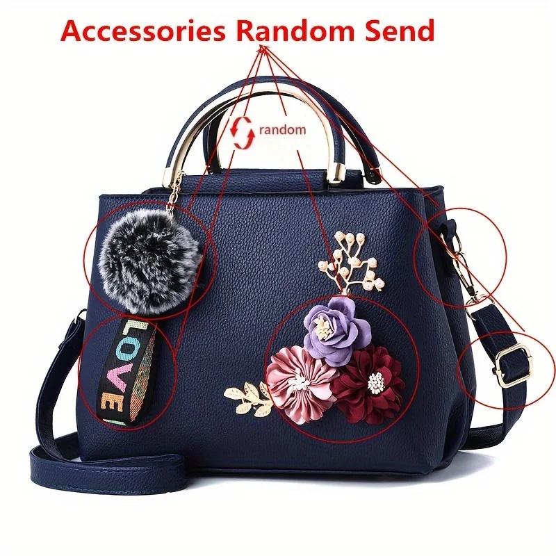 Chic 3D Flower Decor Tote Bag, Stylish Leather Single Crossbody Bags for Women's Handbag Shoulder Bag, Small Top Handle Purse