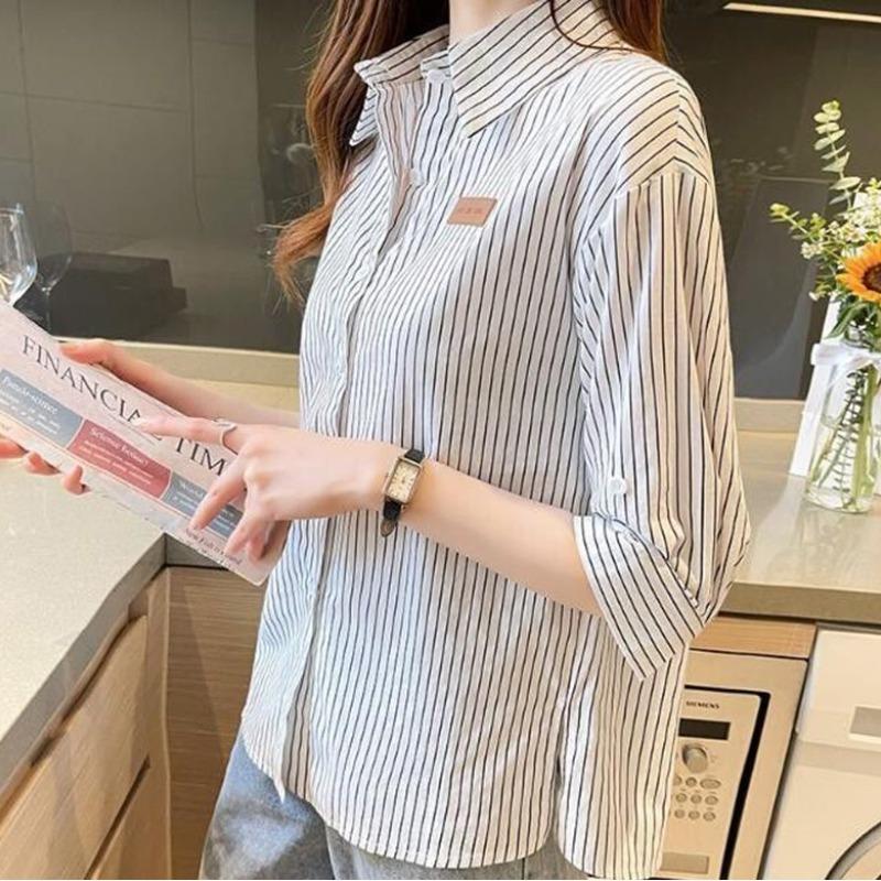 Fashionable Summer New Blouses Women's Patchwork Epaulet Button All-match Casual Loose Polo-Neck Half Sleeve Striped Shirts Tops