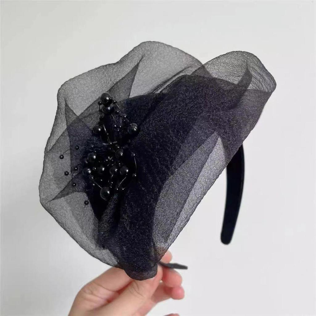 White Organza Evening Half Hat Headband with Wide Edge for High Skull Top Hairstyle