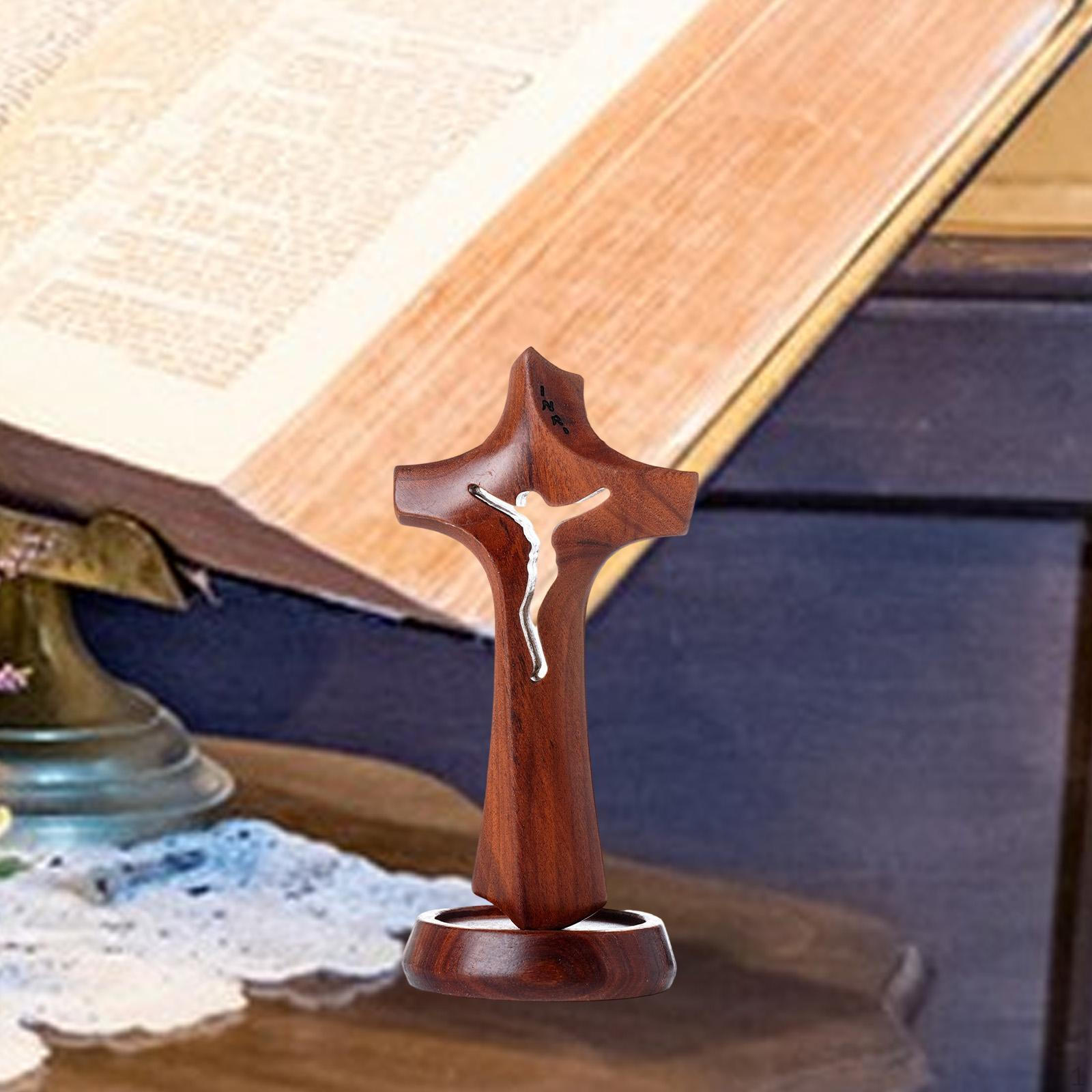 

Crucifix Figurine Wood Cross Statue Desktop Ornament Religious Sculpture for Living Room 5cmx11cmx5cm