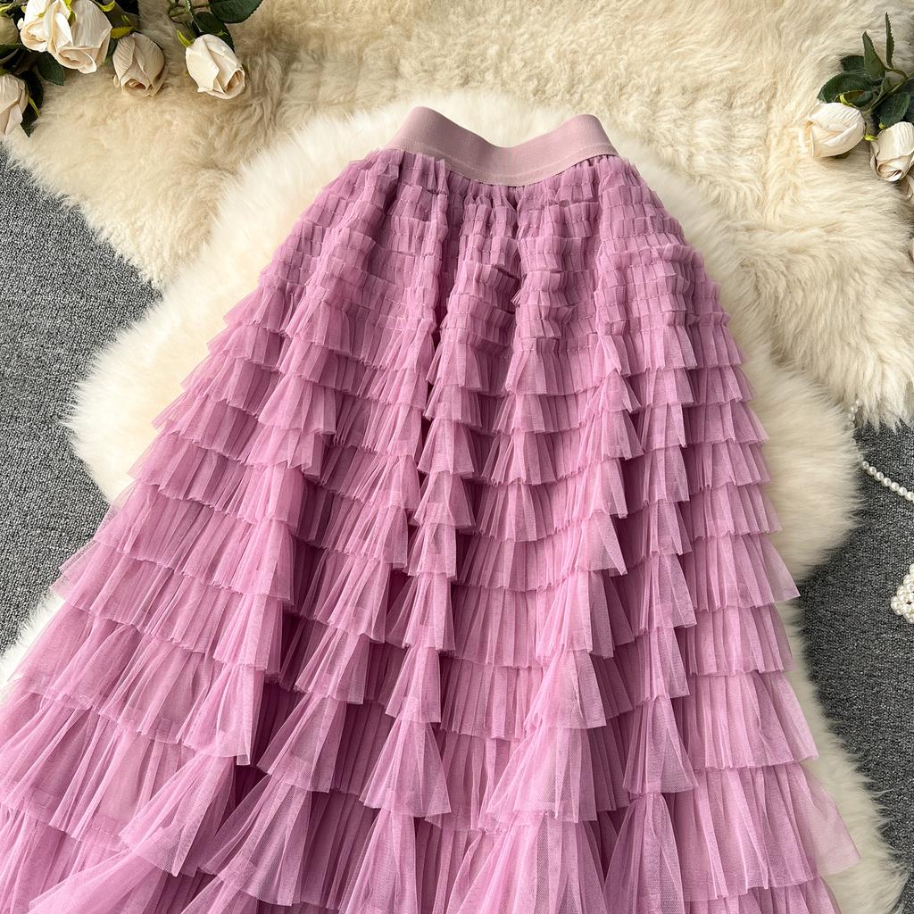 Summer Women Elegant Ruffles Mesh Elstic Waist Long Midi Cake Skirt