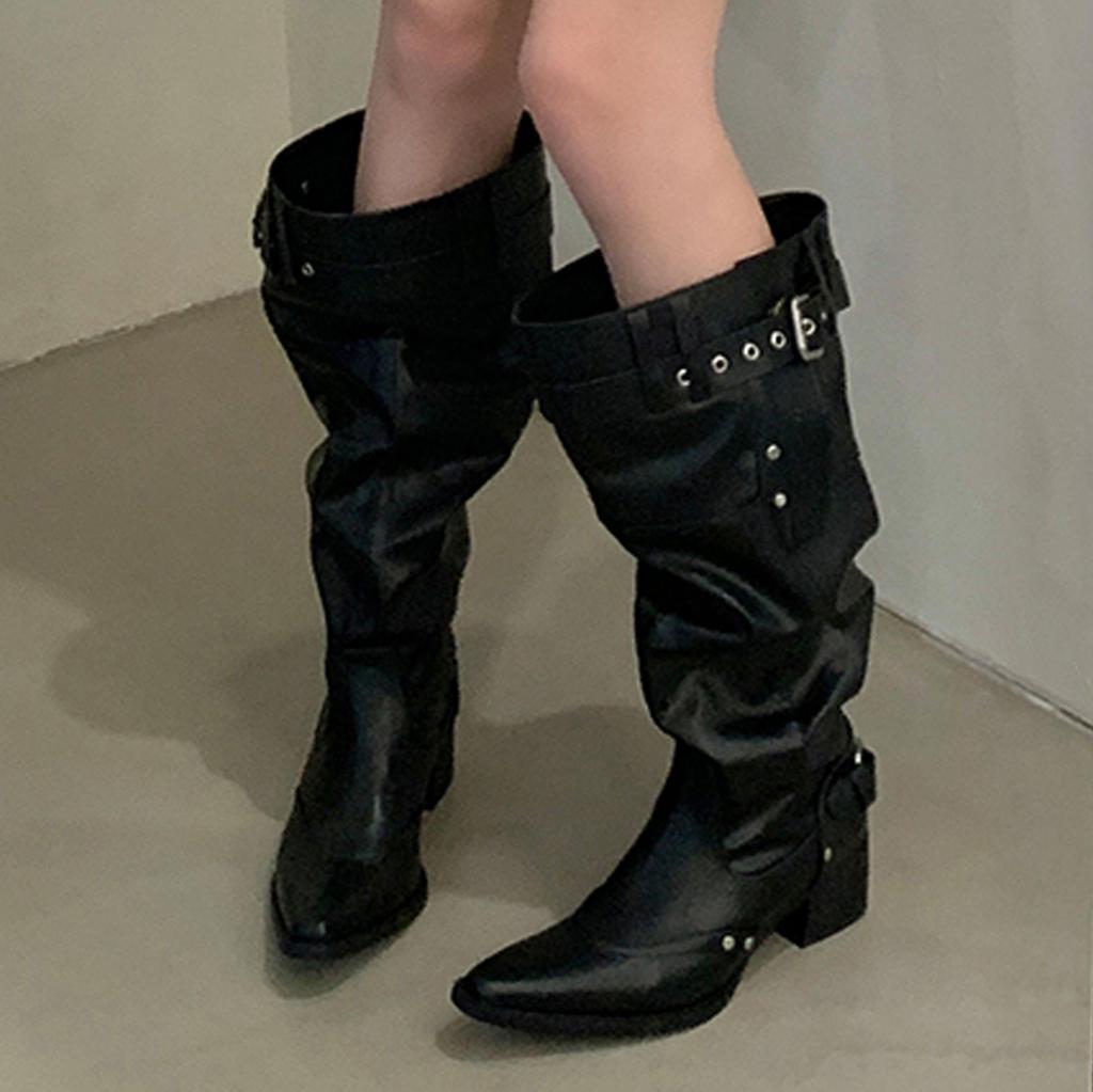 Fashion Eilyken Autumn Winter Design Pleated Pointed Toe Buckle Strap Women Knee-High Boots Fashion Low Heels Shoes Long Botas De Mujer
