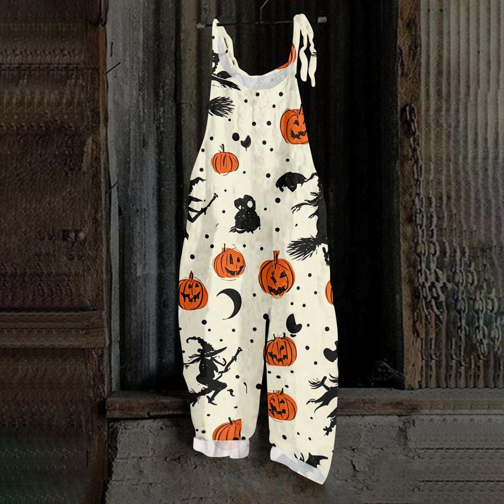 Women Halloween Print Loose Fit Vintage Style Overalls Casual Linen Blend Sleeveless Wide Leg Jumpsuit with Adjustable Straps