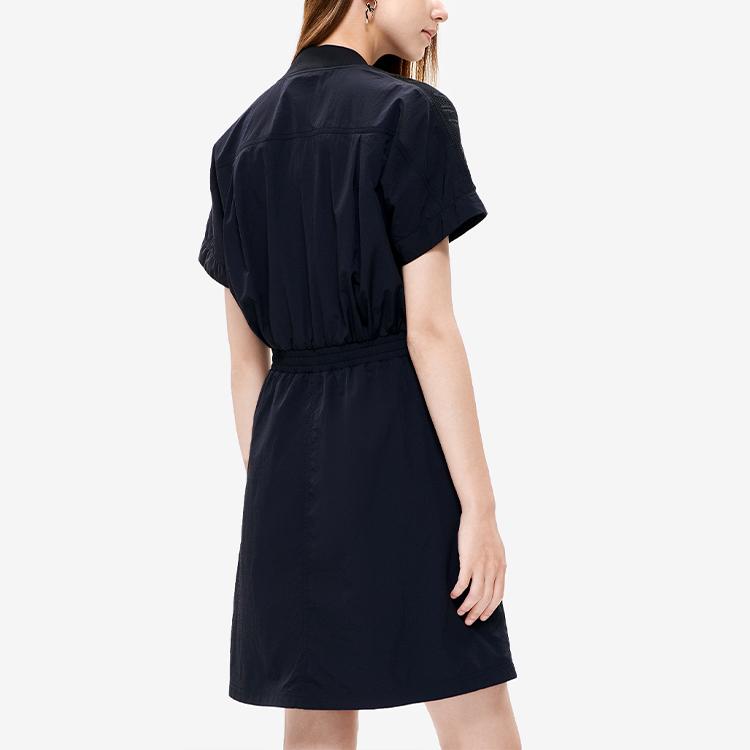 Fila Solid Color Logo Waist-Defined A-Line Loose Versatile Woven Short Sleeve Dress Women Dresses Black F11W238302F-BK