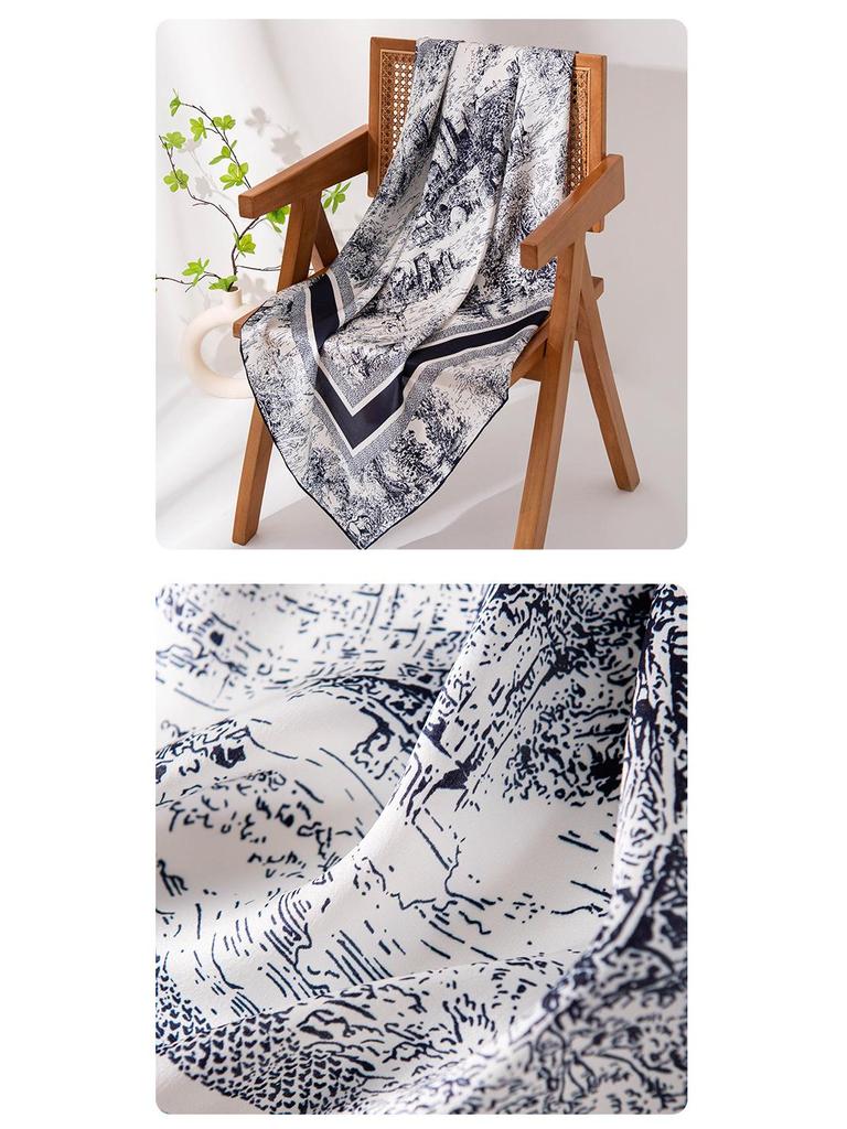Women's 100% Mulberry Silk Retro Jungle Castle Print Scarf – Elegant High-End Light Luxury Shawl