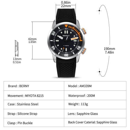 BERNY Watch Men's Mechanical Watch Men's Watch Men's Watch Men's Automatic Diving Watch | 20ATM Waterproof, Sapphire Glass, Comfortable Silicone Band,