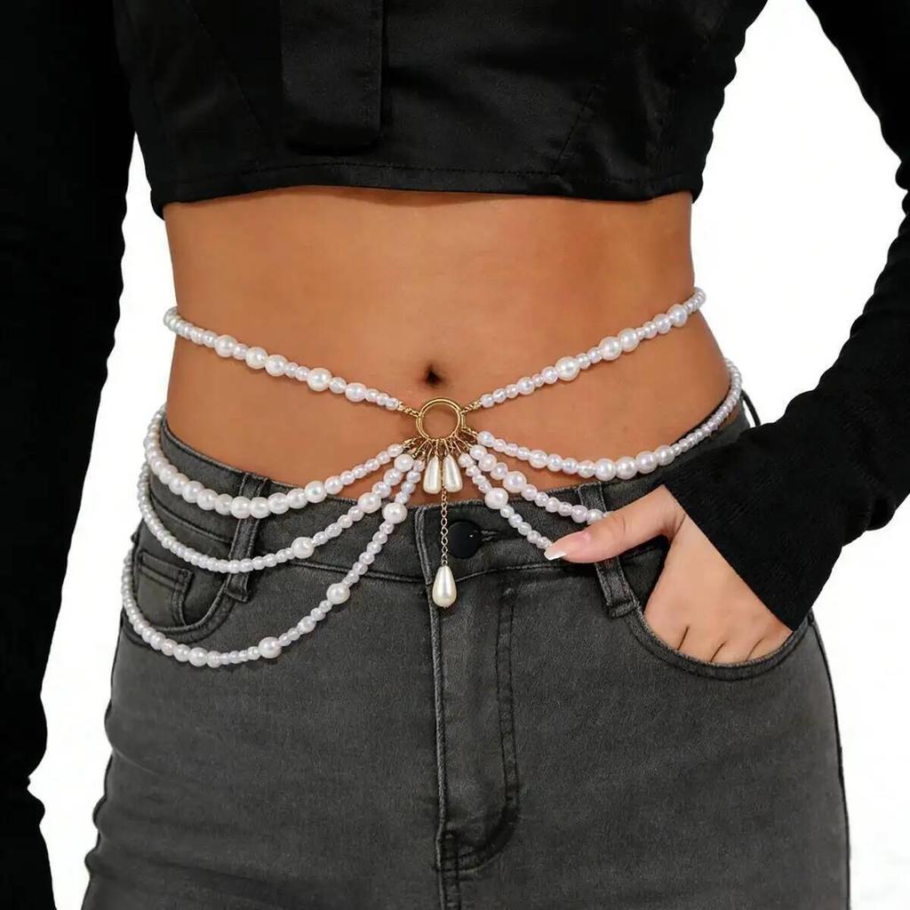 SHIXIN Fashion Y2K Multilayer Imitation Pearl Tassel Waist Chain Women New Elegant Sexy Bikini Belt Body Chain Jewelry Accessory