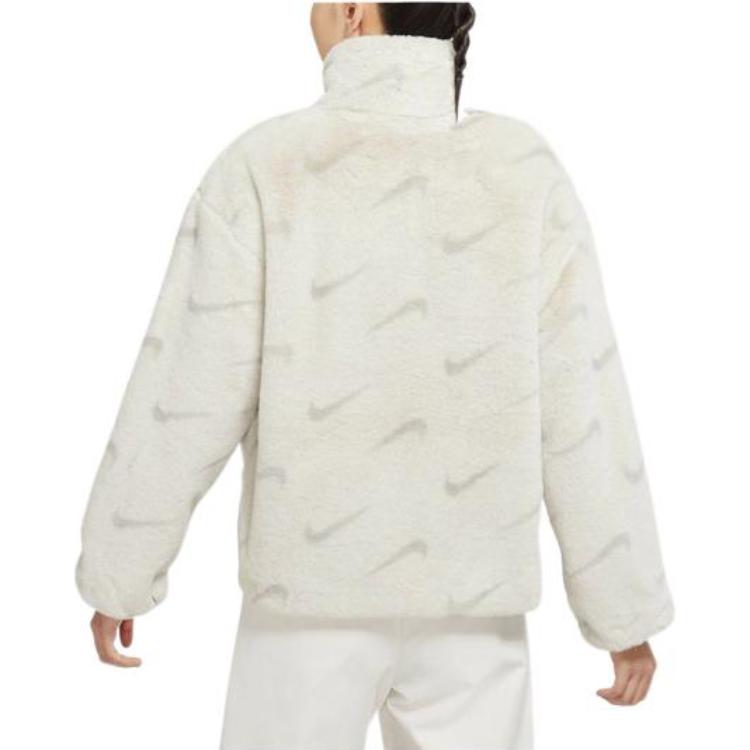 Nike Full Print Stand Collar Faux Fur Warm Straight Long Sleeve Cotton Jacket Women Outerwear White DQ6843-072