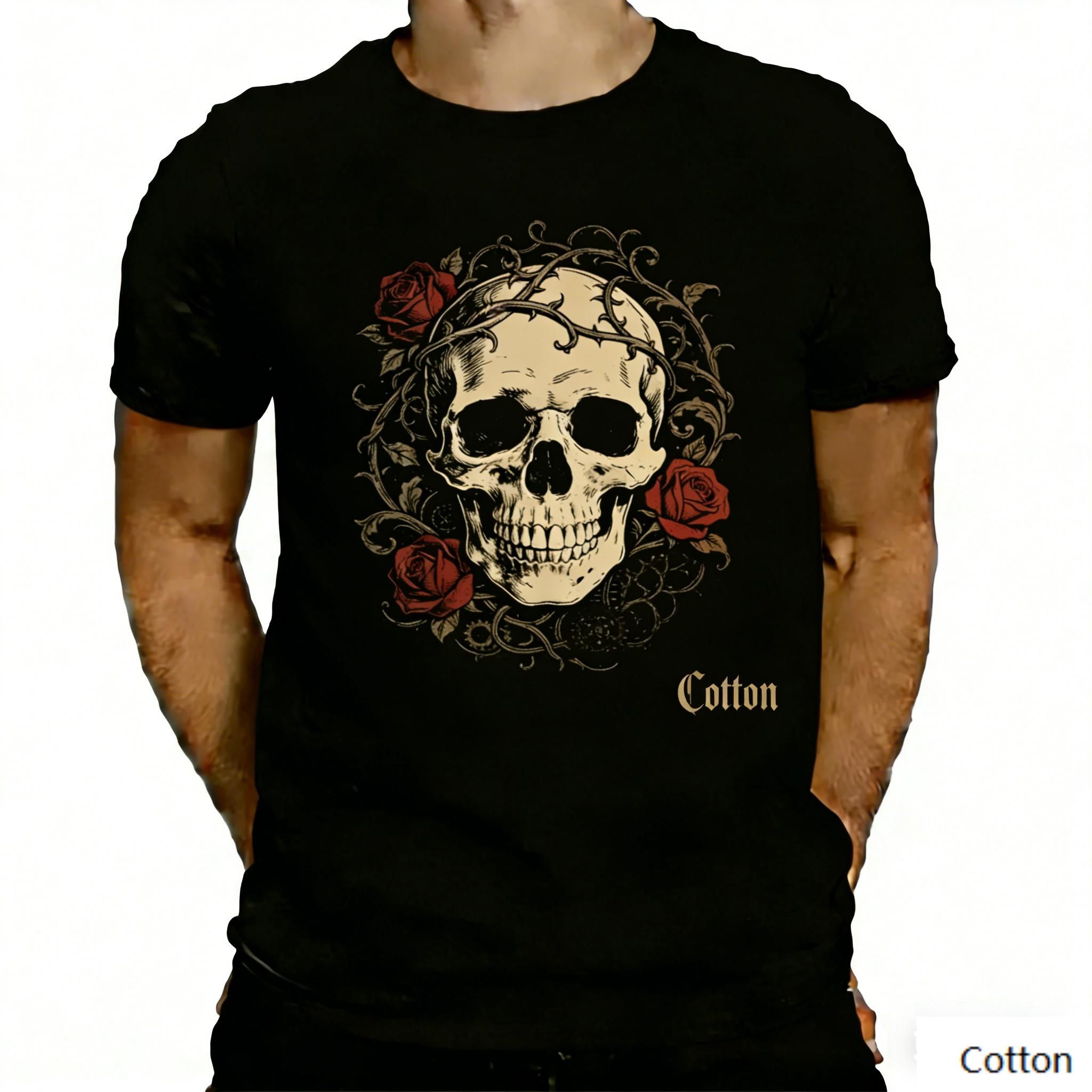 Vintage Steampunk Skeleton Rose Graphic T Shirt, Cotton Crew Neck Short Sleeve Tee, Gear Thorn Print Unisex Top S разноцветный