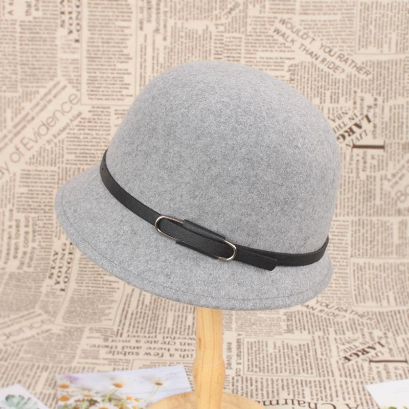 Autumn and winter wool woolen hat women's retro belt decoration multi-colored basin hat bucket hat wool felt hat