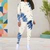 Women Plus Size White Blue Printed Round Neck Long Sleeve Top Fitted Pants Two Piece Set
