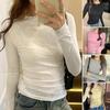 Women T-shirt Round Neck Long Sleeve Slim Fit Solid Color Tops Soft Stretchy Tee Shirt Work Party Casual Wear