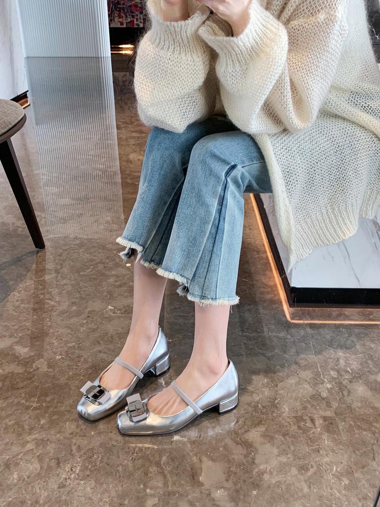 Grape mother studiolee square head spring and autumn sheepskin single shoes shallow thick heel Mary Jane shoes women's 2025 new models