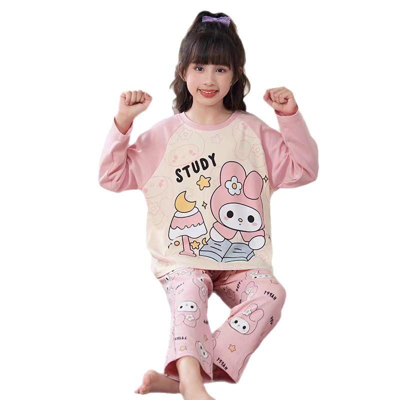 Korean Style Long Sleeve Girls Pajama Set - Loose Fit Homewear for Spring & Autumn, with Air Conditioning Comfort for Kids