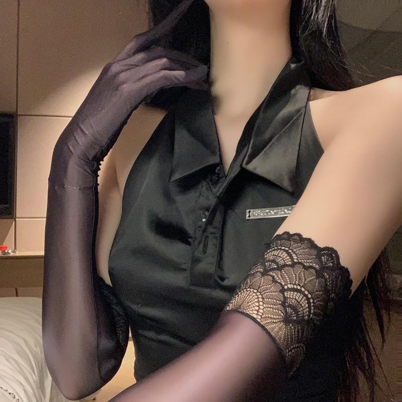 Long Satin Stretch Gloves With Lace Cuff Elbow Length Sheer Smooth Gloves For Wedding Evening Party Cosplay Costume Accessory