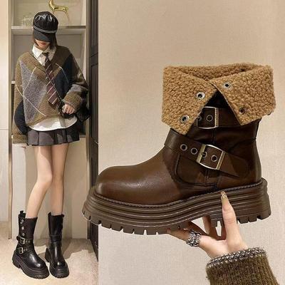 British Style Thickened Martin Boots Women's 2025 New Winter Cotton Boots Retro Two-wear Medium Boots Thick-soled Velvet Short Boots
