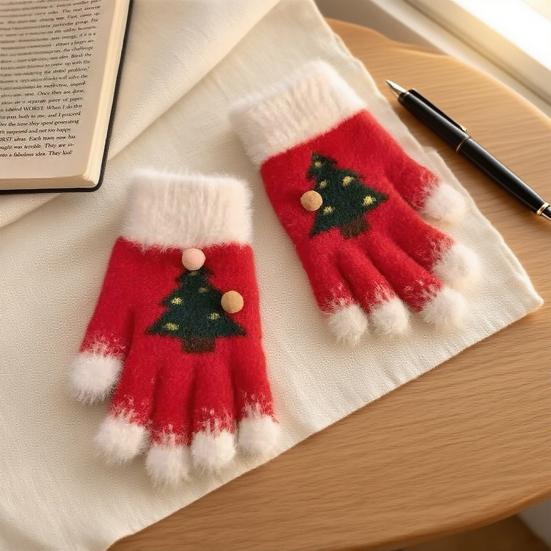 Knitted Christmas Gloves Unisex Christmas Tree Pattern Gloves Winter Touch Screen Fuzzy Gloves