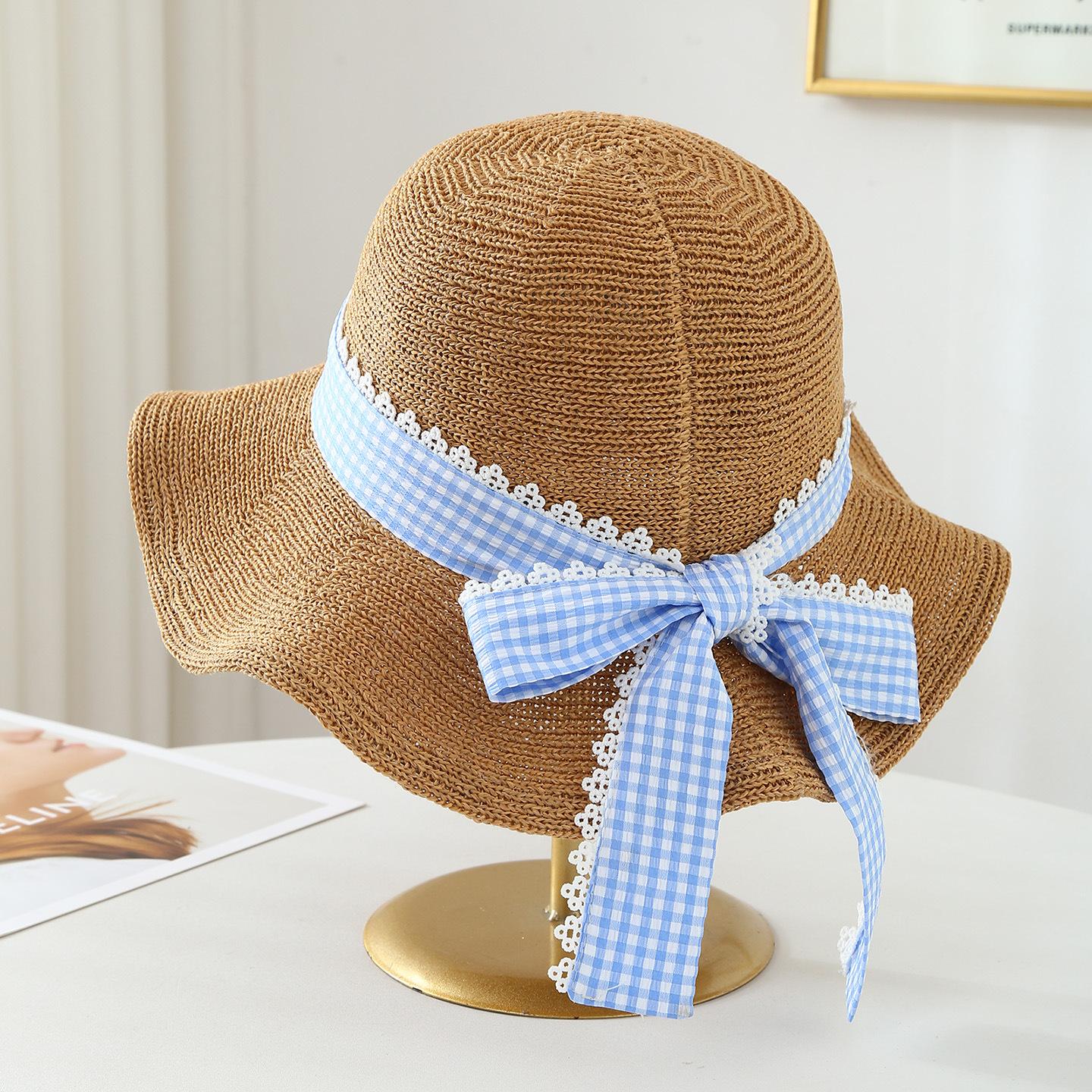 

New wavy bow summer straw hat adult women, face-slimming style,-shading and-protective sunhat 56-58cm хаки