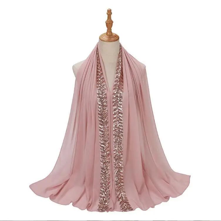 High Quality Pearls Chiffon Scarf Muslim Women Sequins Hijab Headwrap Arab Plain Turban Shawls Hair Accessories 175*70cm