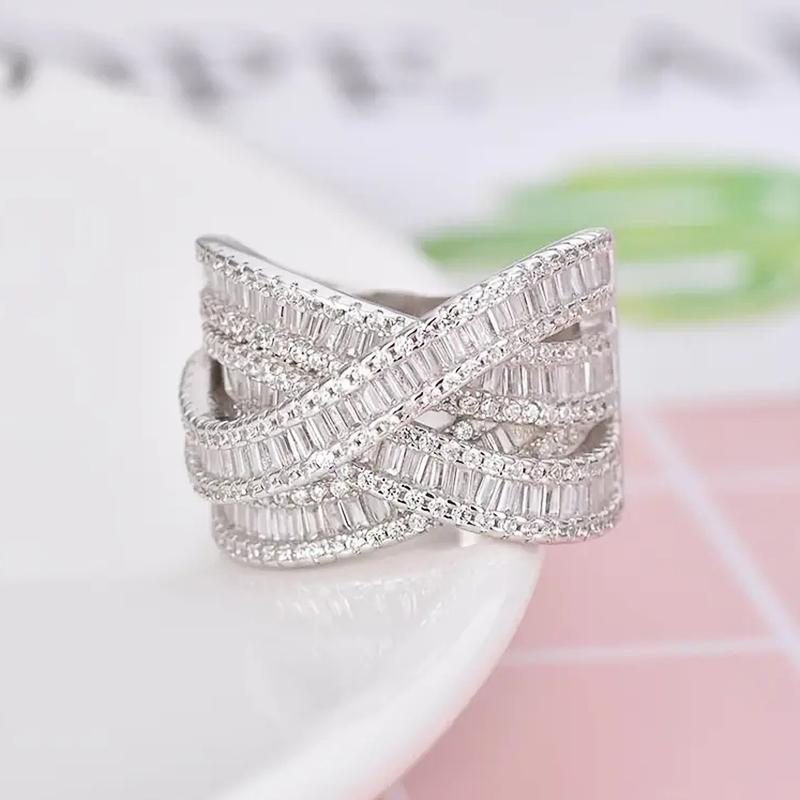Huitan Trendy Cross Rings Full Bling Iced Out Cubic Zirconia Gorgeous Wedding Band Accessories for Women Party Statement Jewelry