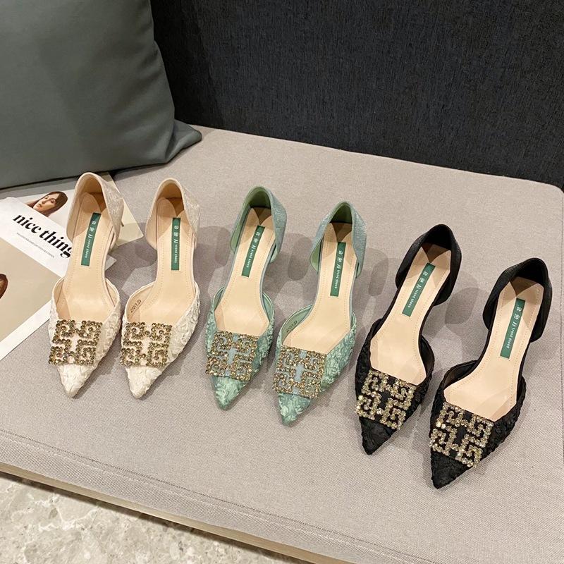 2025 spring new rhinestone square buckle single shoes women's satin versatile pointed high heels thin heel shallow mouth work shoes