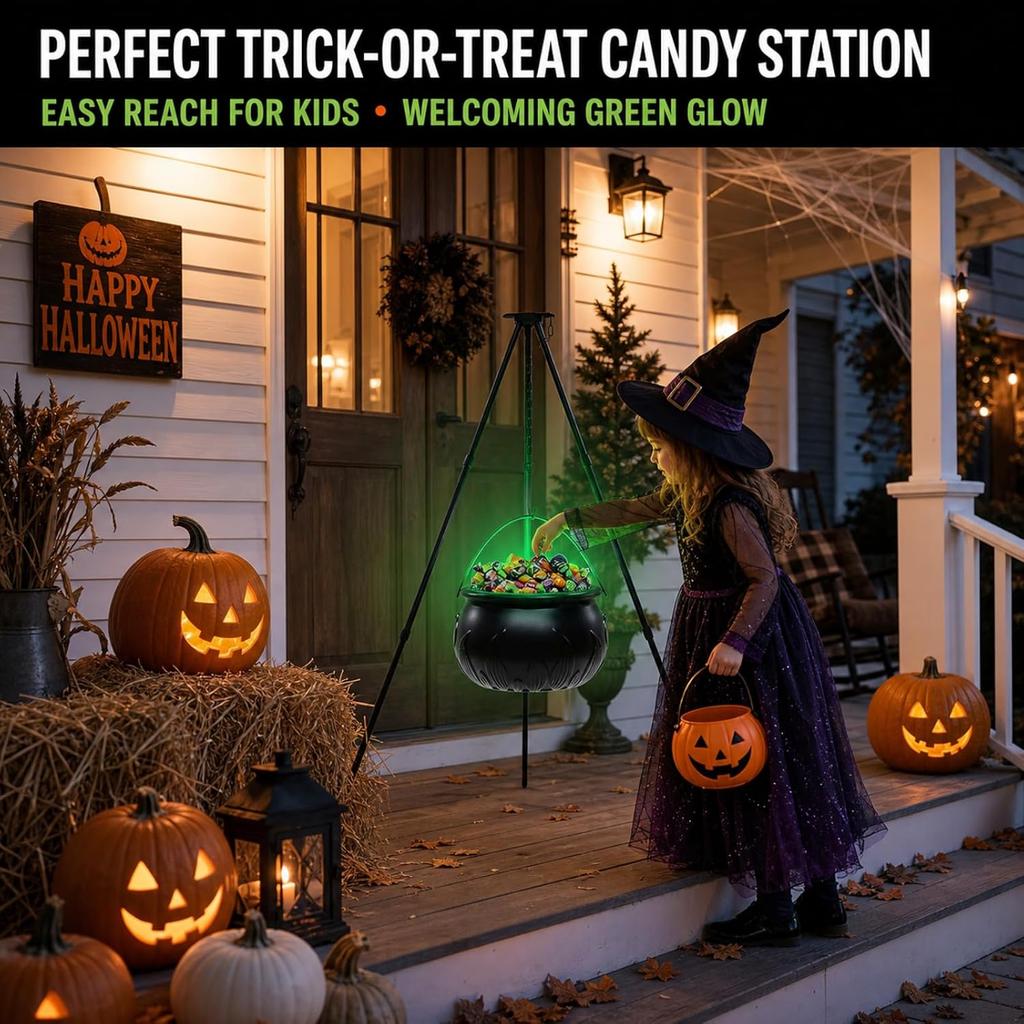 Large20 Inch Halloween Cauldron with LED Lights, Light Up Tripod Stand for Outdoor Yard Decor, Spooky Candy Bowl for Party Prop, Black Plastic