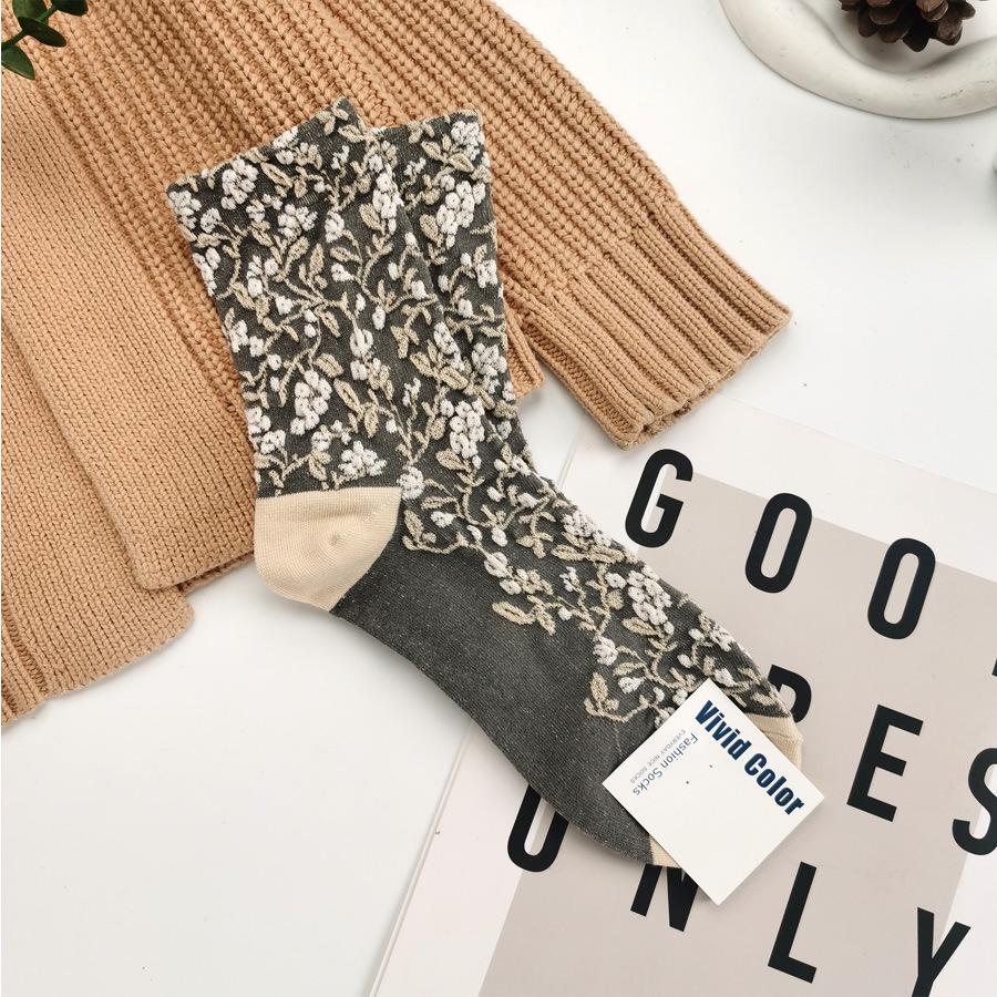 Floral Embossed Women s Mid-Calf Socks - Sweat-Absorbent Cotton, Vivid Pattern One Size хаки