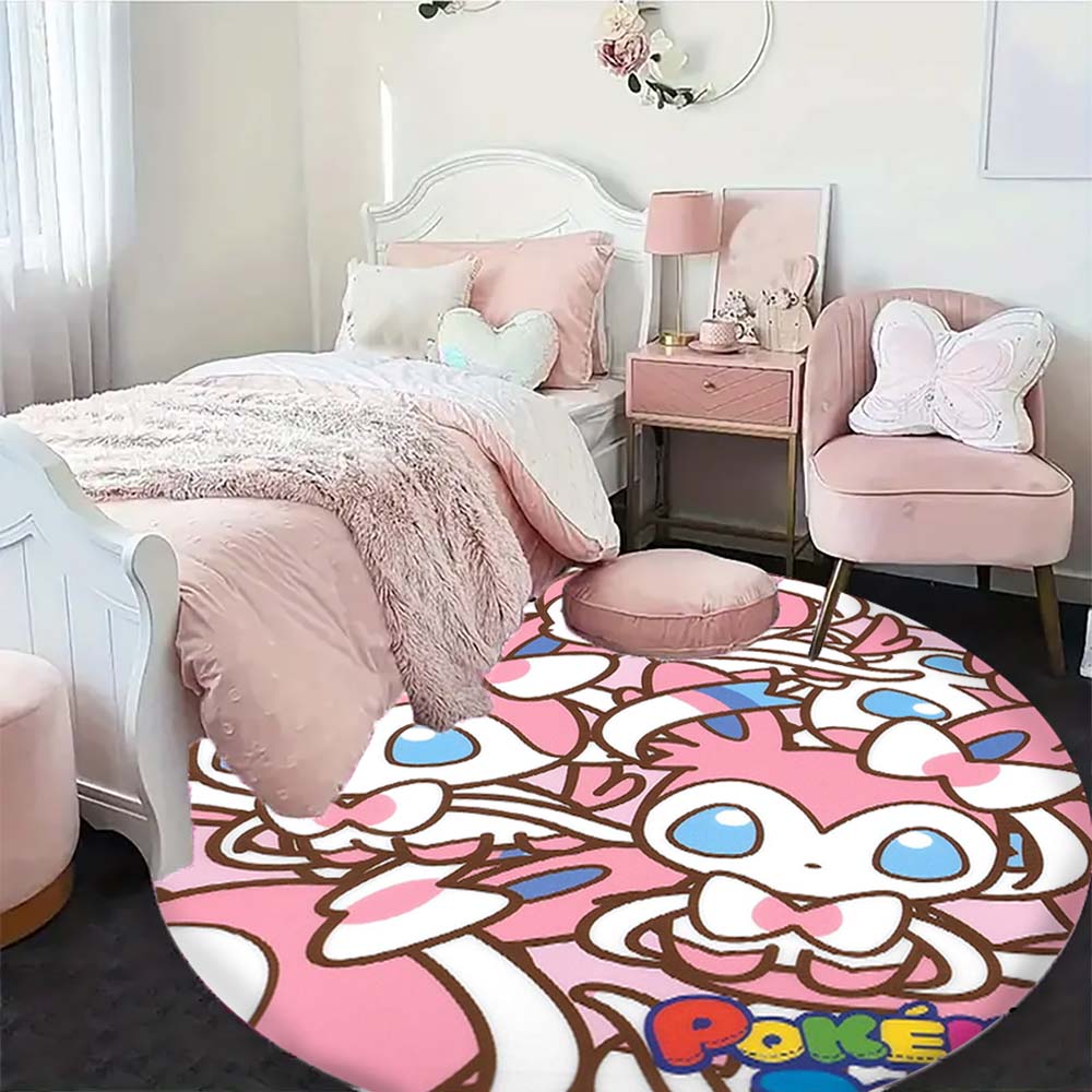 Kawaii Sylveon Theme Round Area Rug Pink Fairy Pattern Circular Rug Kids Girls Bedroom Gamer Room Decor