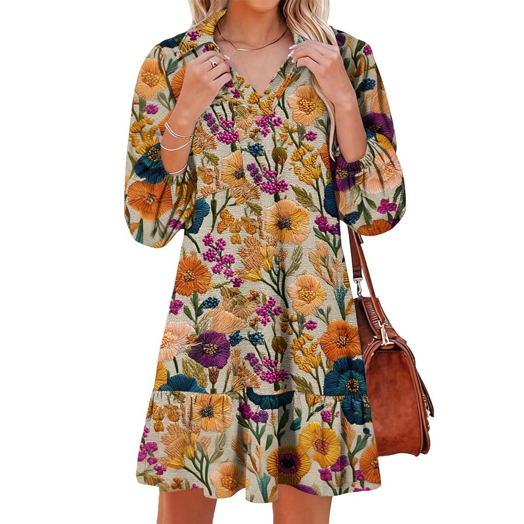 Women's Fashion Elegant Autmn And Winter Long Sleeve V,Neck Christmas Print Dress