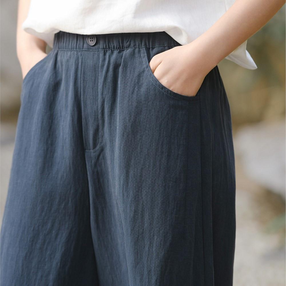 Johnature Women Vintage Wide Leg Pants Summer Chinese Style Elastic Waist Solid Color Trousers Loose Casual Pants
