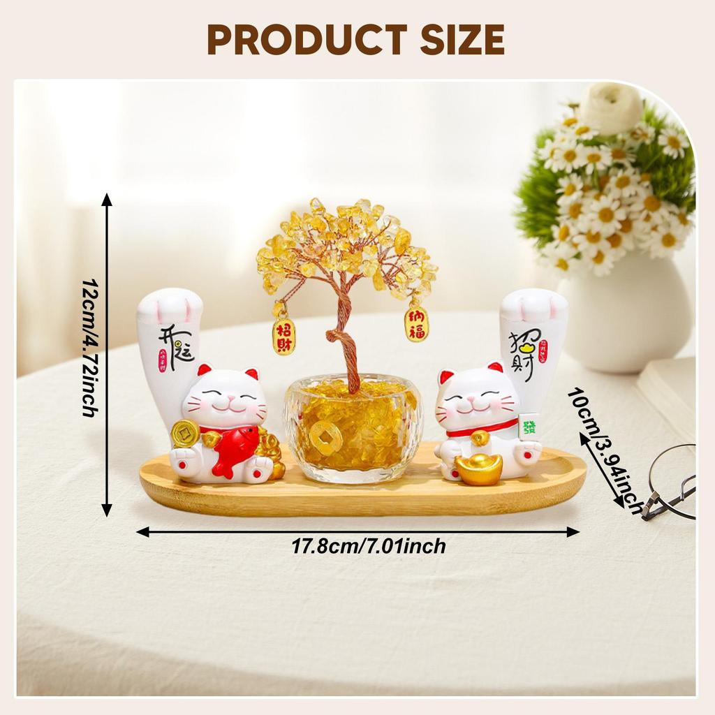 Resin Wood Cat Sculpture Feng Shui Lucky Cat Money Tree Ornament for TV Cabinet Birthday Gift