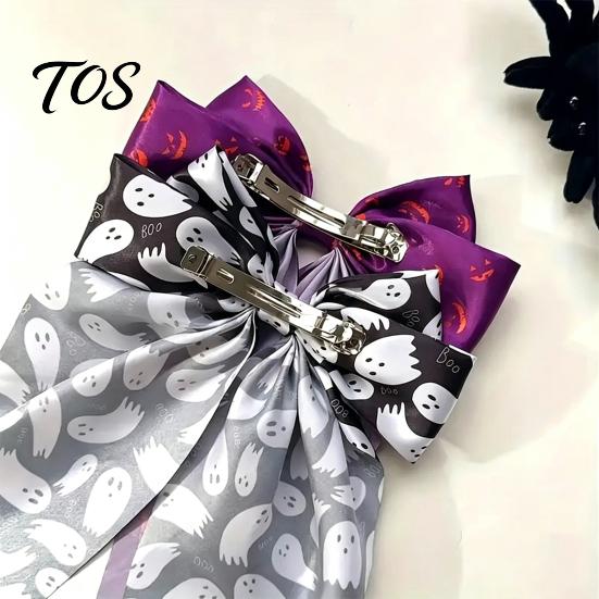 Halloween Hair Clip Silky Satin Bows for Women, Big Ribbon Bow Clips Girls, Hairstyle Accessory Oversized Long Tail Barrettes, Cute Ghost Bat