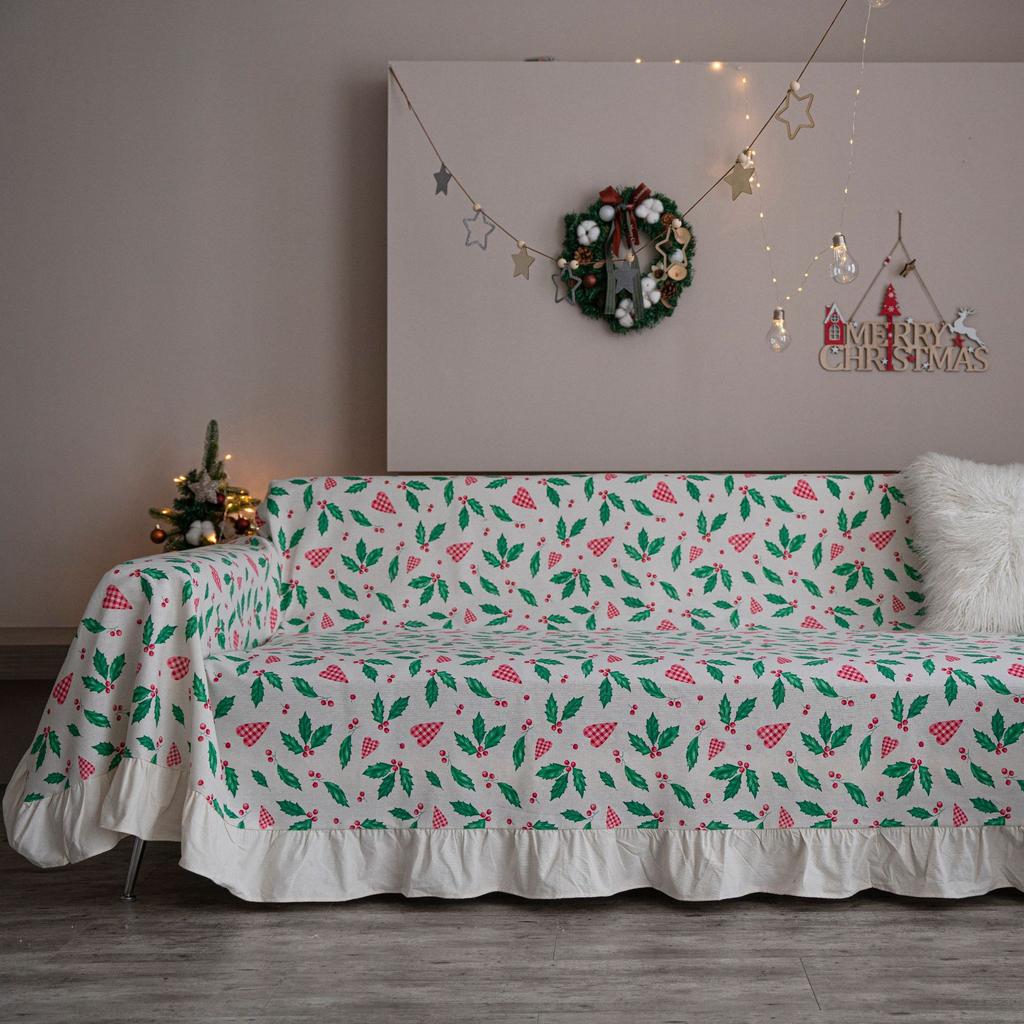 Sofa Towel Christmas Print American Pine Branch Ruffle Edge Multifunctional Cover Vintage Sofa Cover