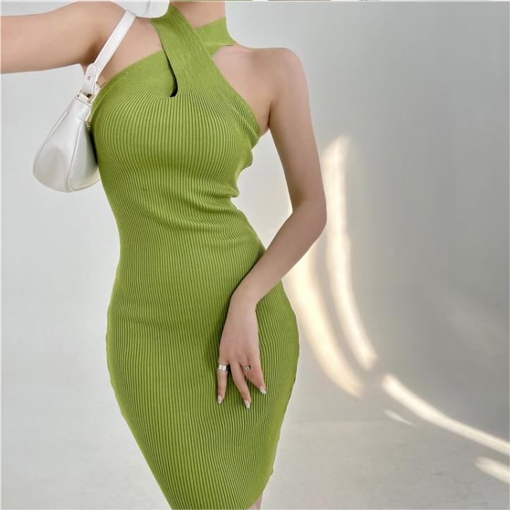Summer Slim Knit Dress With Crosshalter Neck For Casual Women