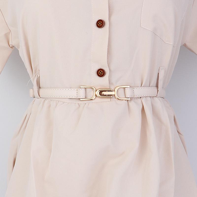 Women's Leather Decorative Buckle Pull-Through Waistband Belt for Skirts and Suits - Punch-Free Design.