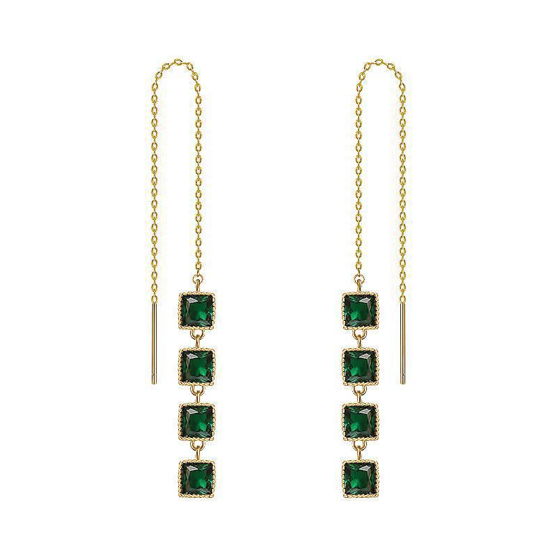 S925 Silver Emerald Square Tassel Earrings - Elegant All-Match Design for Women