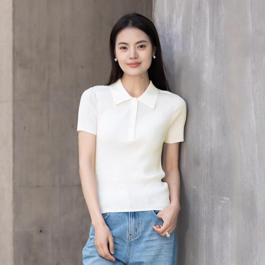 Northern Deer French Gentle Diamond Knit Silk-Cashmere Ribbed Short Sleeve Top