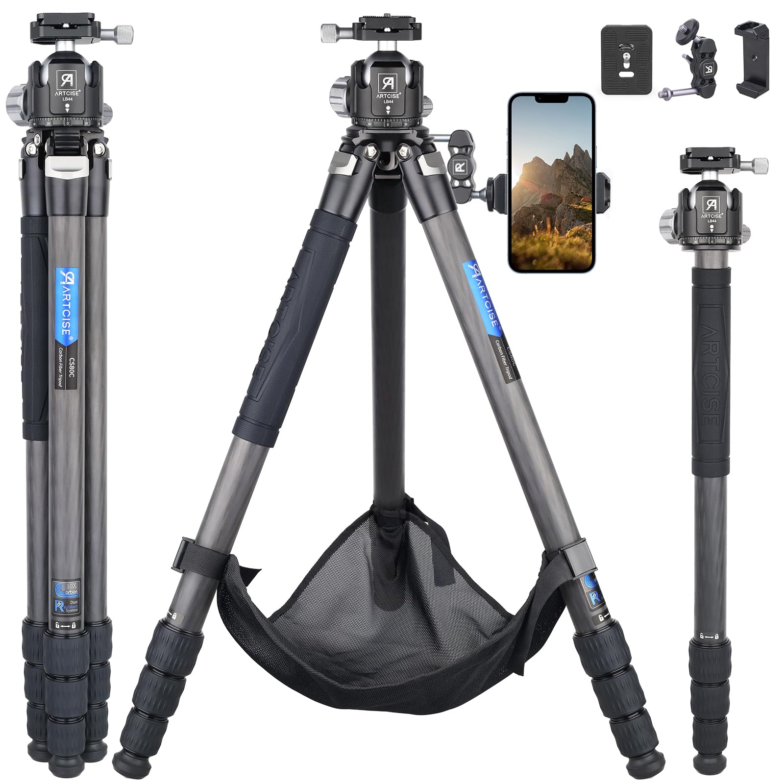 

ARTCISE Compact Carbon Fiber Tripod with 44mm Ball Carbon Fiber Travel Camera Tripod with Quick Panoramic Tripod Head for Head, 32.5mm Diameter,