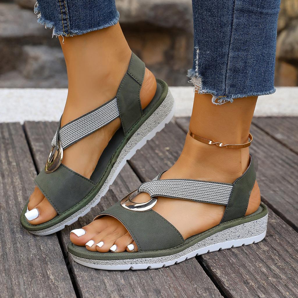Large-sized Women's Slippers, Metal Buckle Decorated Hemp Rope Wedge Heel Fish-mouth Sandals for Women