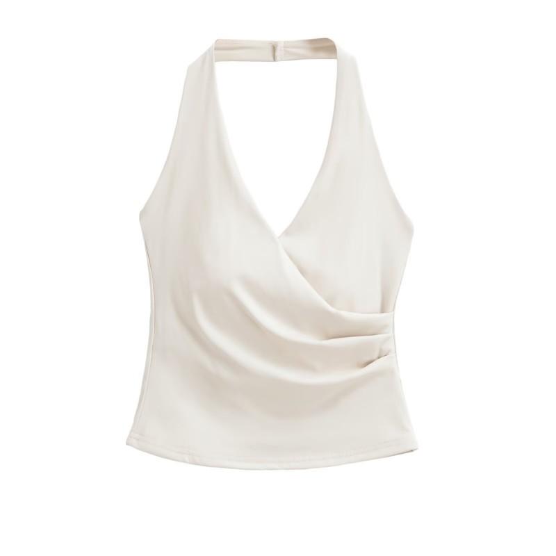 Womens V-Neck Backless Camisole With Built-in Pad Halter Strap Short Fit Stretchy Slim Top 2026