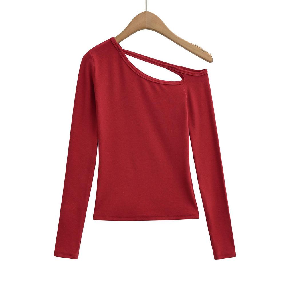 American Spicy Girl One-Shoulder Cutout Long-Sleeve T-Shirt: Slimming, Waist-Cinched, Irregular Cropped Top