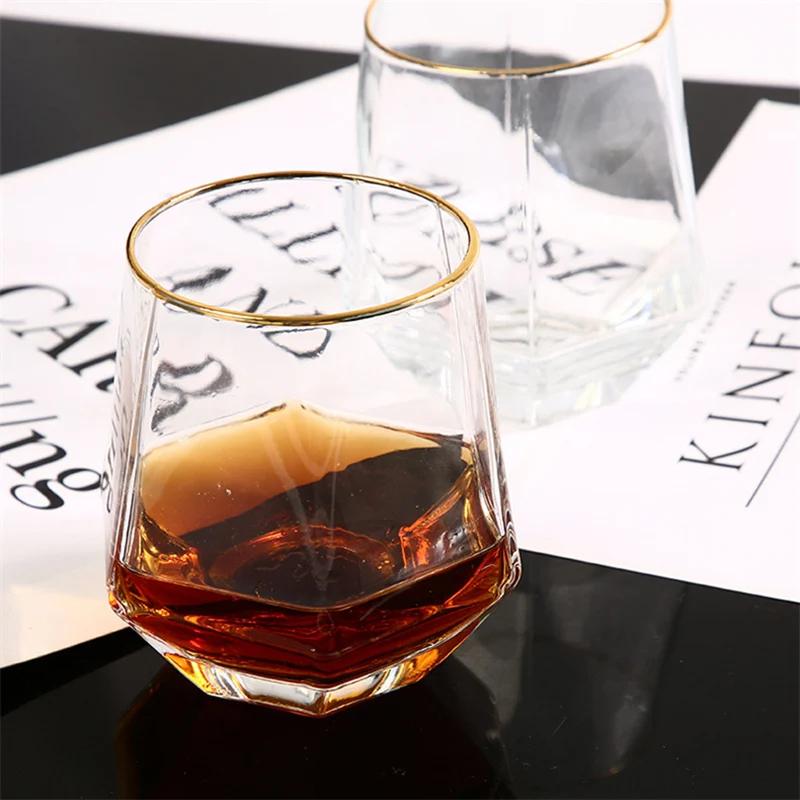 2pcs Set 11OZ Creative Stylish Rolling Golden Edged Glasses Transparent Hexagonal Glass for Home Bar Club Restaurant Water Cups
