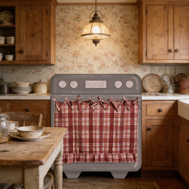 Heat Resistant Fabric Oven Curtain With Adjustable Ribbons And Elegant Ruffled Trim Cabinet Dish Washer Hide Skirt Cover